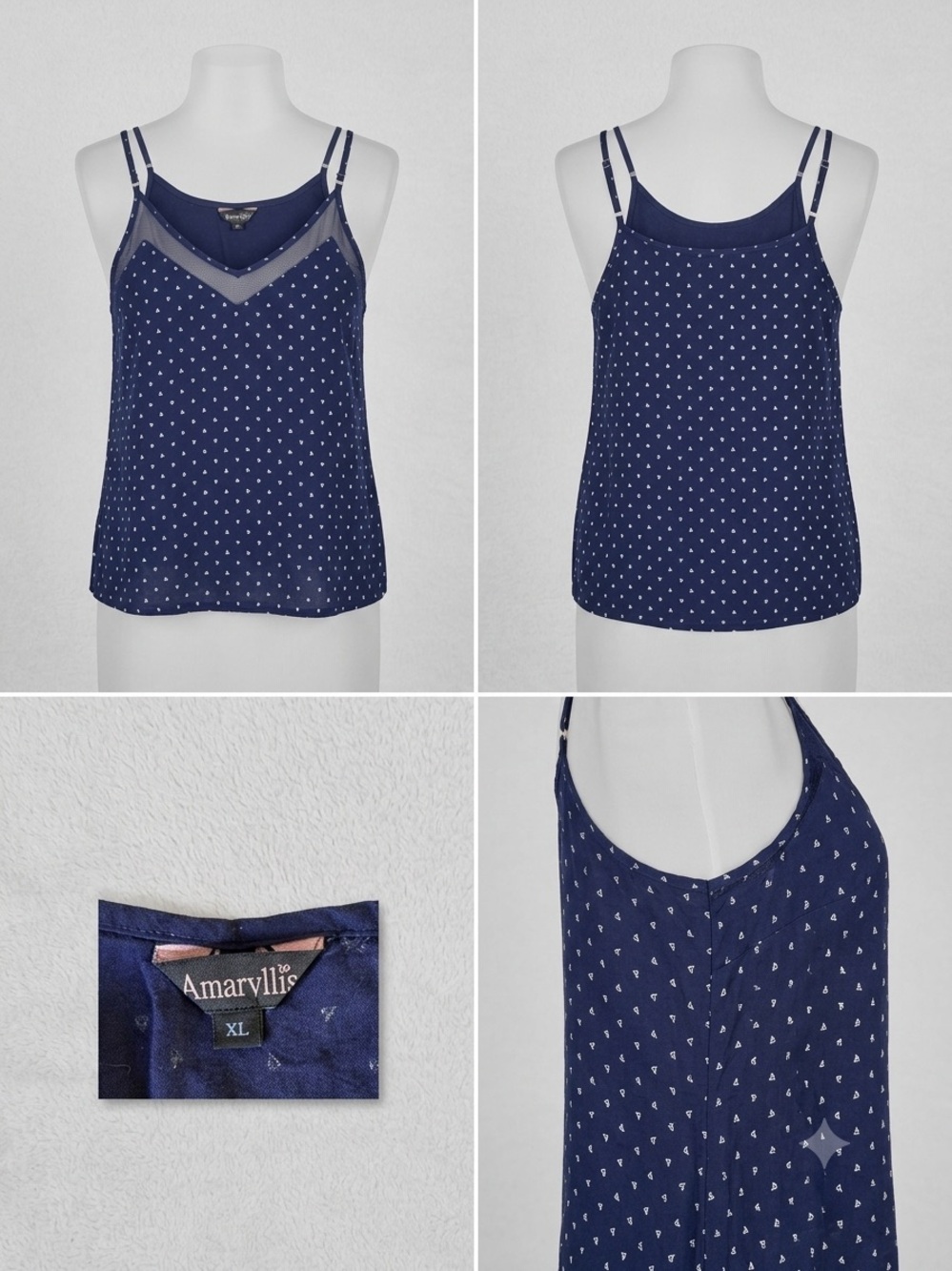 Amaryllis Navy Sailboat Print Cami Tank Top Mesh Accent XL